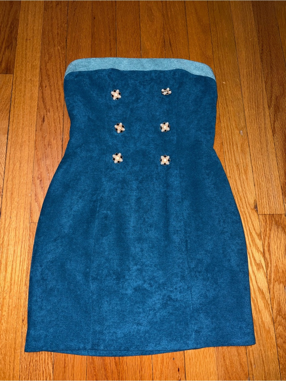 Strapless Teal Suede Dress with Decorative Buttons